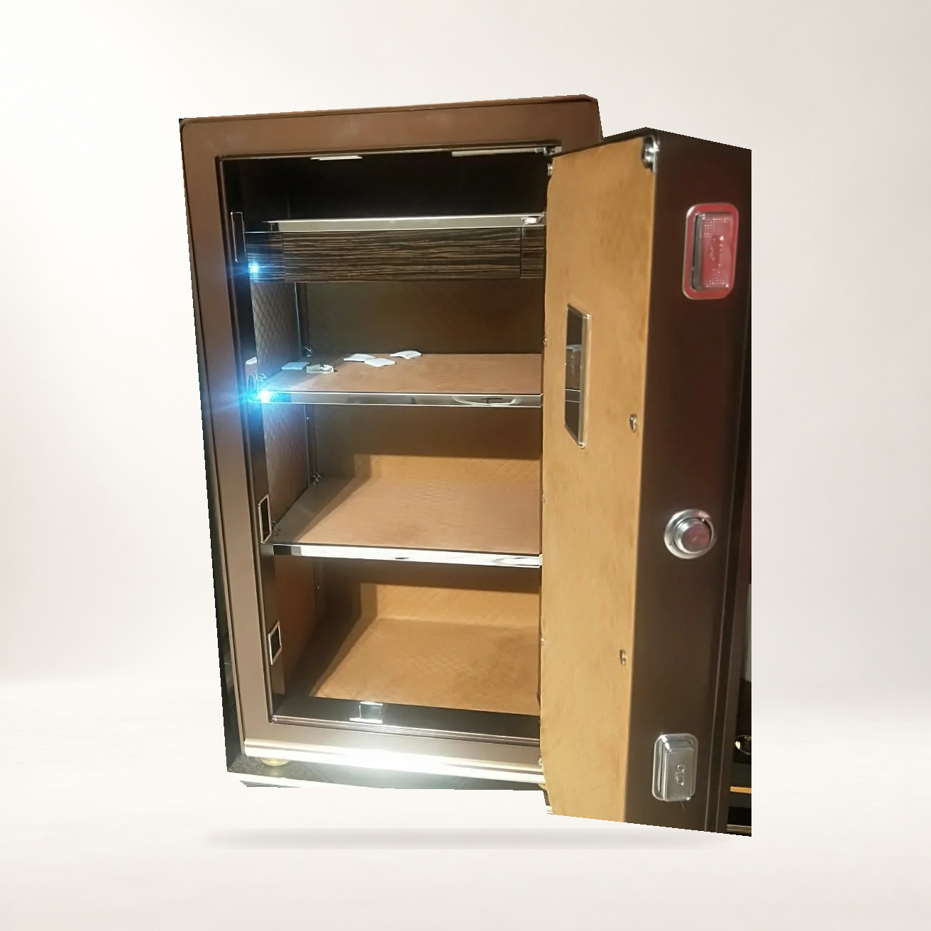 Cận cảnh khoang trong và mặt trong cửa két sắt CIIQ HK-A1/D-106-CIIQ tông nâu trong ảnh nguồn, giữ phản chiếu ánh sáng gốc, ảnh két gốc ghép nền studio AI.