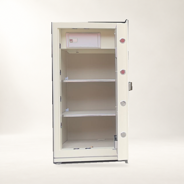 Ảnh tham khảo két sắt Aifeibao HK-A1/D-120HM màu trắng đang mở cửa, ảnh két gốc ghép nền studio AI.