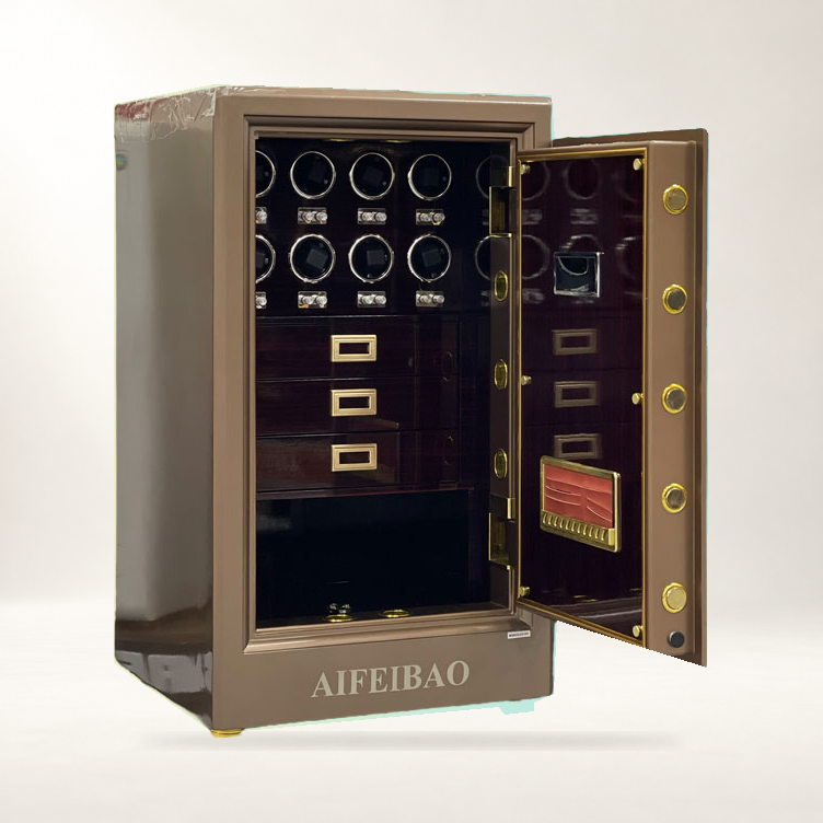 Két sắt Aifeibao HK-A1/D-100-TGII mở cửa nhìn nghiêng, tám hộp quay đồng hồ và ba ngăn kéo, ảnh két gốc ghép nền studio AI.