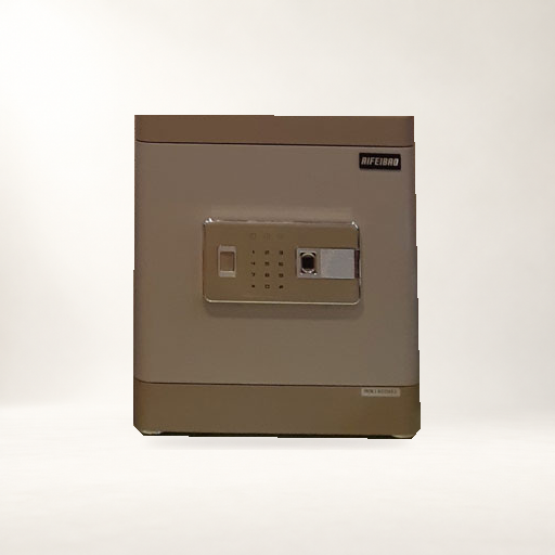 Cận cảnh mặt trước két sắt Aifeibao HK-M/D-40-AL màu ghi xám trong ảnh nguồn, ảnh két gốc ghép nền studio AI.