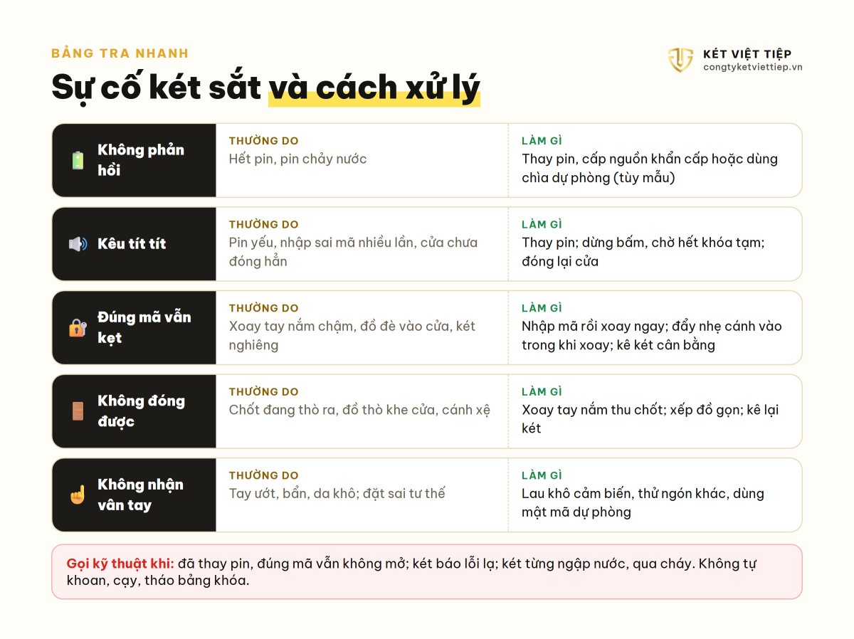 Bảng tra nhanh sự cố két sắt: kẹt cửa, hết pin, kêu tít tít, không nhận vân tay