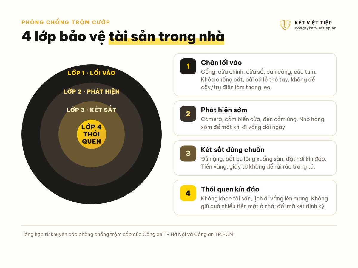 Infographic 4 lớp bảo vệ tài sản: lối vào, phát hiện, két sắt, thói quen