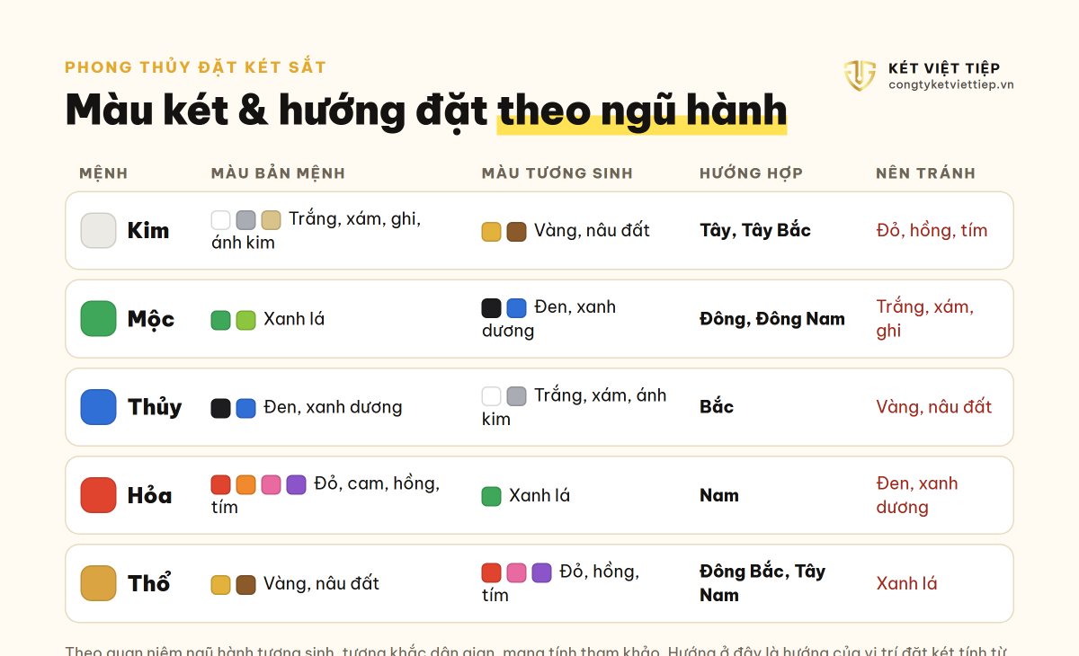 Bảng màu két và hướng đặt két theo ngũ hành Kim Mộc Thủy Hỏa Thổ