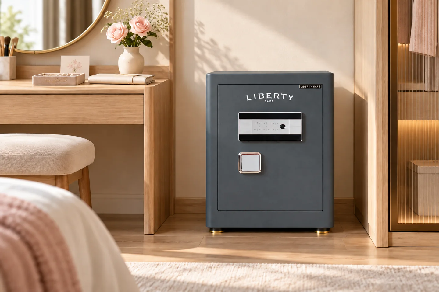 Két sắt Liberty LB50S màu xám đặt trên sàn cạnh bàn trang điểm gỗ sáng, bên cạnh có hoa và khay trang sức.